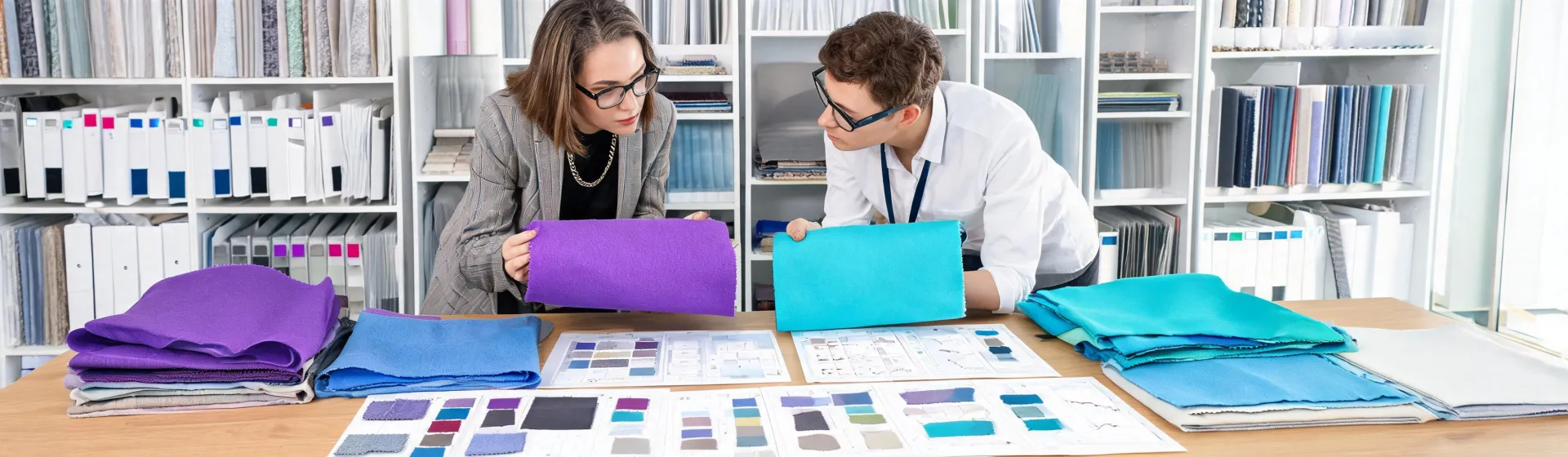 Designer and textile technologist reviewing a performance fabric wall